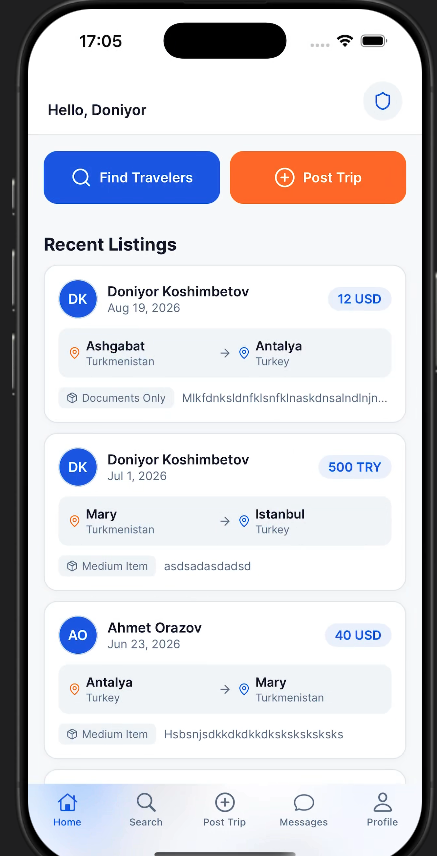 Amanatym home screen with recent trips
